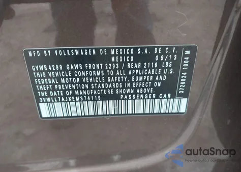 2014 Volkswagen Jetta 2.0L Tdi z USA, uszkodzony, nr VIN 3VWLL7AJXEM374119